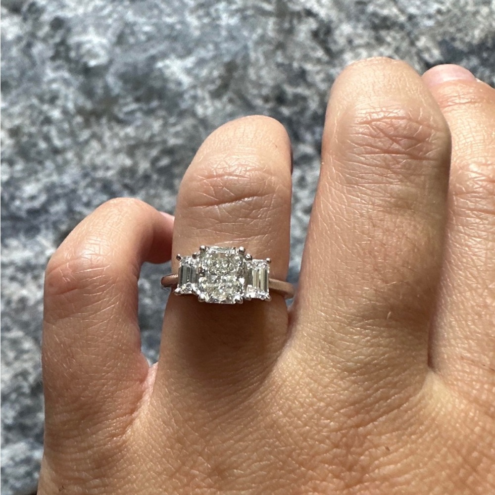 14k white gold ladies engagement ring with 1.78 total carat weight. Lab diamonds